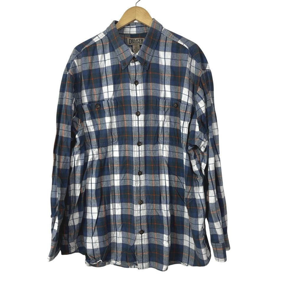 Duluth Flannel Shirt Mens‎ Blue Plaid Long Sleeve Button Down Pockets 2XL Cotton